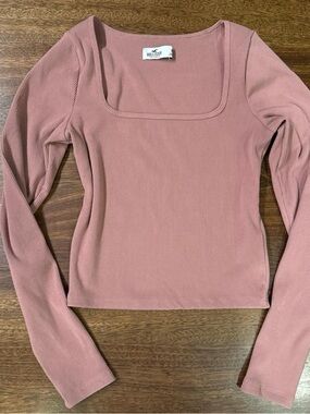 Hollister Ribbed Square-Neck Long Sleeve Top - Dusty Mauve